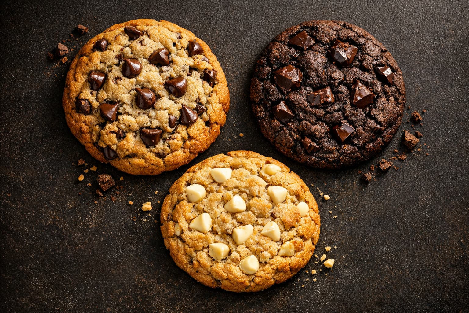 Three oversized gourmet Snickity Snacks cookies — Chocolate Chip, Midnight Chip, and Golden White Chip