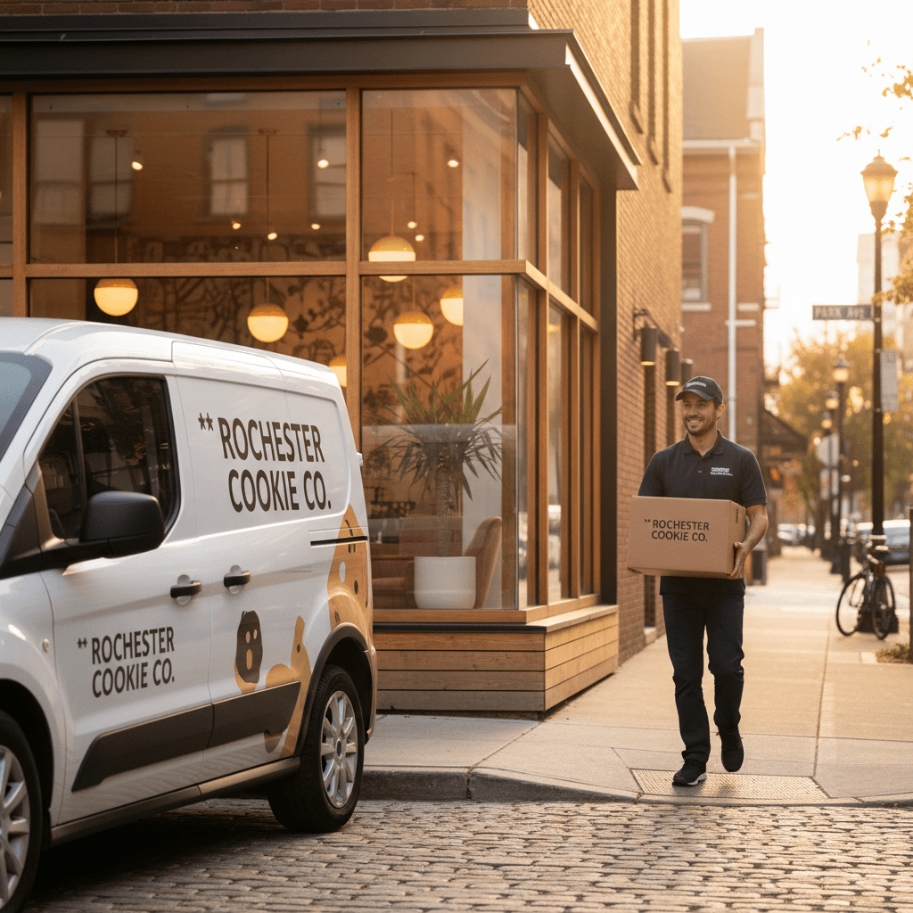 Delivery driver bringing cookies to a local restaurant