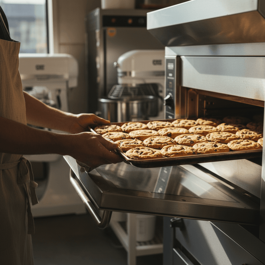 Fresh cookies being pulled from the oven
