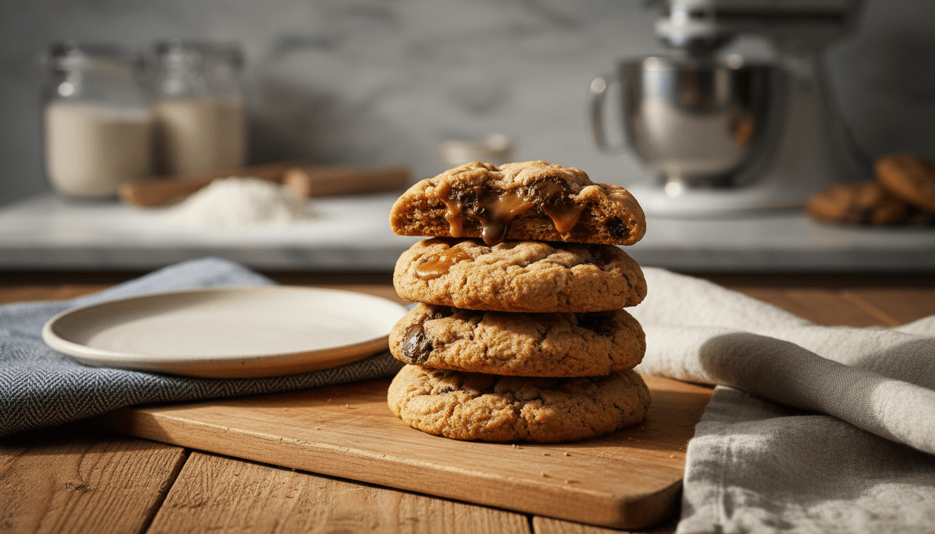 Freshly baked premium cookies stacked on wood surface with morning light