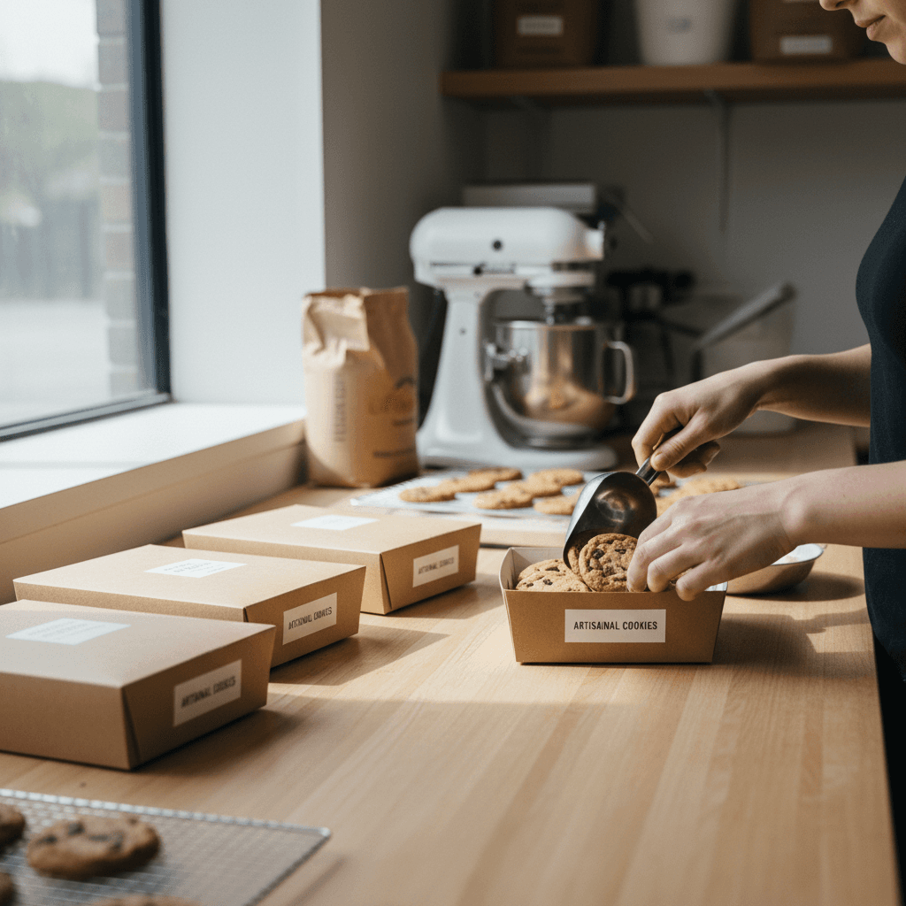 Cookies being packed into boxes for orders