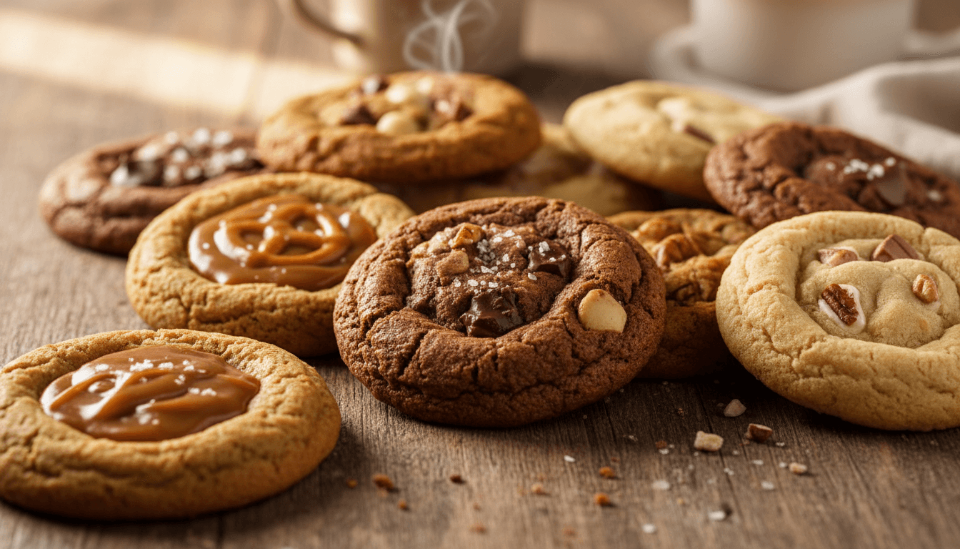 Oversized gourmet cookies with soft centers displayed on rustic wood, freshly baked and ready for delivery